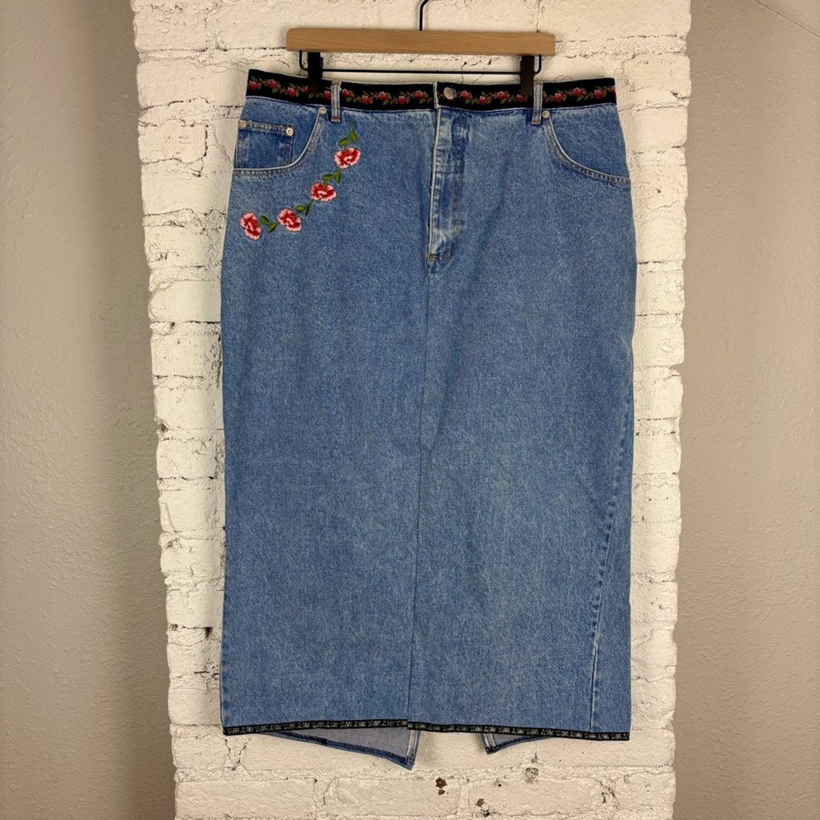 Vintage Embroidered Denim Jean Maxi Skirt